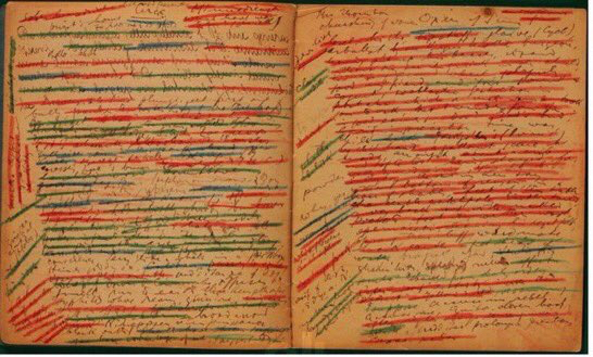 Two pages of hand written and edited text by novelist James Joyce. The pages show crossed out sentences and highlighted sentences in green and red. It looks like quite a mess, but is a good example of what it means to edit your writing closely.